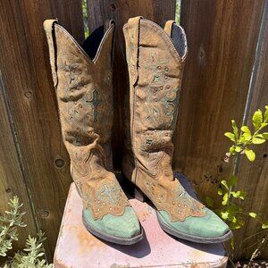 Laredo Distressed Brown & Turquoise Cross Boots Size 10 Style 52032